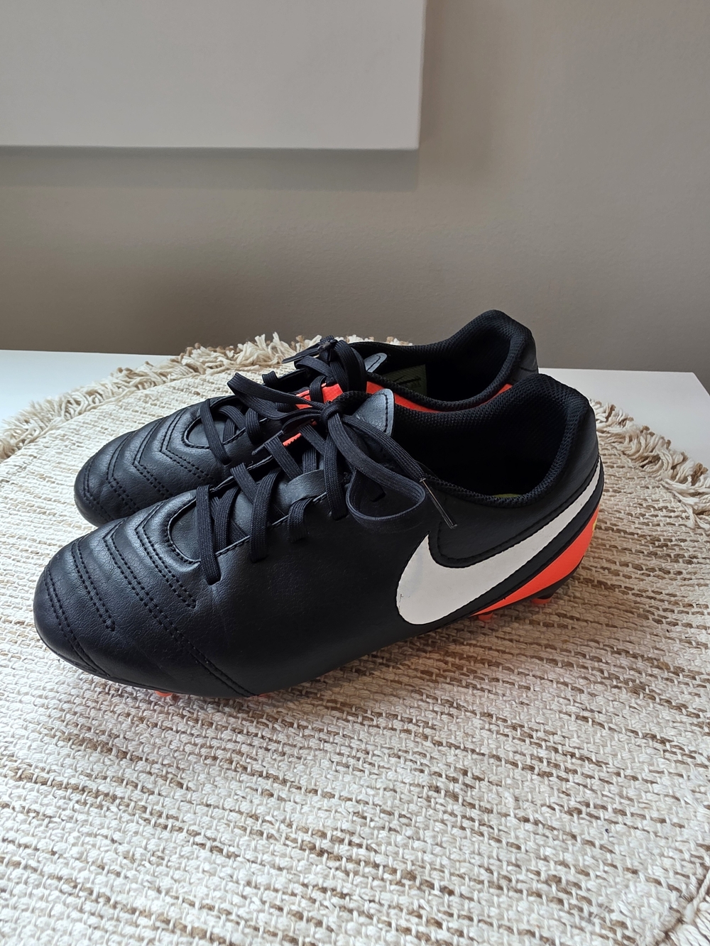 Nike Tiempo Black Soccer Cleats 4.5Y with White Swoosh and Orange Accents